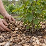 Rozkładanie zrębków drzewnych wokół krzewu z zachowaniem odstępu od pędów